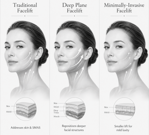 Three images side by side showing the three different types of facelifts available at Cho Plastic Surgery: Traditional Facelift, Deep Plane Facelift, and Minimally-Invasive Facelift