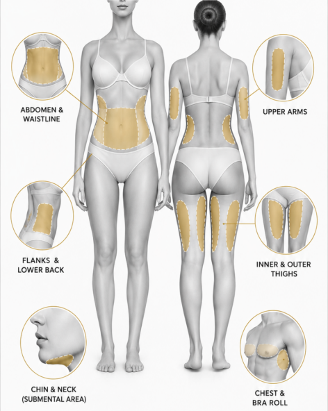 Diagram showing VASER liposuction treatment areas for body contouring